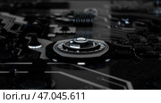 Beautiful monochrome motherboard with flashing light signals and working processors. Стоковая иллюстрация, иллюстратор David Kashakhi / Фотобанк Лори