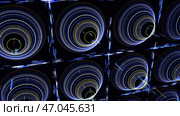 Abstract futuristic background with glowing schematic pyramides of many circles and straight rays of lines moving perpendicularly on black background. Стоковая иллюстрация, иллюстратор David Kashakhi / Фотобанк Лори