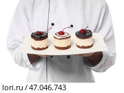 Мужской кондитер с вкусным десертом на белом фоне, крупным планом. Стоковое фото, фотограф Pixel_shot / Фотобанк Лори