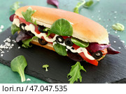 Вкусный хот-дог на грифельной доске. Стоковое фото, фотограф Pixel_shot / Фотобанк Лори