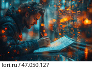 A young man with slightly disheveled hair and a thick beard, deeply concentrated on writing in a notebook. He holds a pen, leaning over the pages covered with text. His gaze is filled with concentration and immersion in the process.The background creates an atmosphere of mystery and creativity: through the glass in front of which the man sits, city lights are reflected in the form of orange and gold highlights, mixing with mysterious symbols and formulas, as if written on glass. The contrast of warm and cold shades (blue and orange) gives the image a cinematic and futuristic style.This image can be interpreted as a symbol of creativity, inspiration and reflection in a big city. Стоковое AI-изображение, AI-художник Анна Кривицкая / Фотобанк Лори