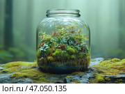 A glass jar with a miniature terrarium with moss, ferns and other small plants inside. The jar is placed on a moss-covered rock in a forested area, and the background is hidden by a soft fog, creating an atmosphere of mystery and coziness.The composition looks like a small autonomous world enclosed in glass, symbolizing the harmony of nature, ecology and the beauty of the microcosm. This can be part of the concept of terrariums for the home, plant care in a closed environment or simply an artistic depiction of natural magic. Стоковое AI-изображение, AI-художник Анна Кривицкая / Фотобанк Лори