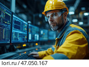 A man in protective gear at an industrial facility. He wears a yellow hard hat, glasses, and a work jacket with gray accents. His gaze is focused, and his hands are working on a keyboard, controlling complex systems on multiple monitors.The background contains screens with digital data, charts, and code, indicating high-tech manufacturing, automation, or process control at a factory. The lighting is soft, with accents on the blue light of the monitors and yellow industrial tones.The image conveys the atmosphere of modern technology, engineering work, and industrial safety. Стоковое AI-изображение, AI-художник Анна Кривицкая / Фотобанк Лори