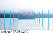 Abstract beautiful lake with ripples and two rows of blue pillars leading to a wall of water. Стоковое фото, фотограф David Kashakhi / Фотобанк Лори