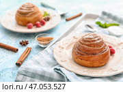 Тарелка с вкусной булочкой с корицей на столе. Стоковое фото, фотограф Pixel_shot / Фотобанк Лори