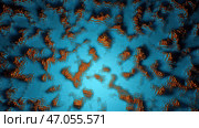 Bright blots that grow and move in dark color on shiny footage in abstraction. Стоковая иллюстрация, иллюстратор David Kashakhi / Фотобанк Лори