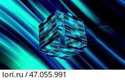 Striped neon cubic shapes falling apart on shimmering background. Стоковая иллюстрация, иллюстратор David Kashakhi / Фотобанк Лори