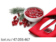 Чаша с вкусным клюквенным соусом и столовыми приборами на белом фоне. Стоковое фото, фотограф Pixel_shot / Фотобанк Лори