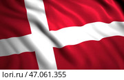 The bright red flag of Denmark.Motion.The national symbol of Denmark with a white cross made in computer graphics. Стоковая иллюстрация, иллюстратор David Kashakhi / Фотобанк Лори