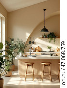 Contemporary kitchen interior showcasing clean lines, natural lighting, wooden furniture, and lush greenery for a trendy and inviting ambiance. Стоковое AI-изображение, AI-художник Анна Маркина / Фотобанк Лори