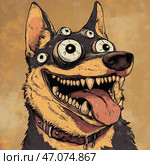 A creepy, surreal dog with multiple extra eyes on its forehead, a wide, mad grin, and huge, sharp teeth. Its tongue is hanging out, and its gaze seems both hypnotic and unnatural. The illustration is done in a comic book or graphic novel style, with sharp, inky lines, a textured background, and a muted color palette of tans and darks. The atmosphere of the work combines elements of the grotesque, the absurd, and horror. Стоковое AI-изображение, AI-художник Анна Кривицкая / Фотобанк Лори