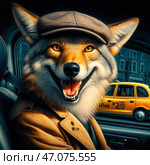 Койот в кепке за рулем авто. Coyote in a cap driving a car. Стоковое AI-изображение, AI-художник Igor Murashko / Фотобанк Лори
