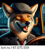Койот в кепке за рулем авто. Coyote in a cap driving a car. Стоковое AI-изображение, AI-художник Igor Murashko / Фотобанк Лори