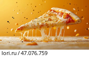 Floating pizza slice showcases melted cheese and vibrant colors. Аппетитный кусок пиццы парит в воздухе, демонстрируя липкий расплавленный сыр и золотистую корочку на теплом фоне. Ароматы начинок и специй усиливают его привлекательность. Стоковое AI-изображение, AI-художник Katsiaryna Repich / Фотобанк Лори