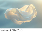 Delicate cleaning cloth floating gracefully in soft ambient light. Небольшой кусок ткани для уборки элегантно висит в воздухе, освещенный мягким рассеянным светом, создавая безмятежную и спокойную атмосферу. Ткань кажется легкой и воздушной. Стоковое AI-изображение, AI-художник Katsiaryna Repich / Фотобанк Лори