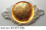 Golden circle drawn on a pure white background, glowing faintly. Высококачественная фотография одного золотого круга, нарисованного на чистом белом фоне, тускло светящегося, как будто освещенного изнутри. Стоковое AI-изображение, AI-художник Katsiaryna Repich / Фотобанк Лори