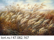 A picturesque field with golden ears of corn or tall grass swaying in the wind. The painting is done in a soft, slightly impressionistic manner, conveying movement and the play of light. The sky is light, with warm shades, hinting at sunset or early morning. In the distance, dry bushes with reddish flowers are visible, adding contrast to the overall composition. The atmosphere of the image conveys a feeling of peace, autumn melancholy and harmony with nature. Стоковое AI-изображение, AI-художник Анна Кривицкая / Фотобанк Лори