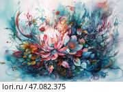 A colorful abstract floral pattern done in a watercolor style. The center of the composition is a large lotus with delicate pink and white petals, surrounded by many other flowers, leaves and branches. The composition is full of smooth lines, curls and iridescent shades of blue, turquoise, pink and gold. The background is partially blurred, which creates an effect of fluidity and lively energy. Стоковое AI-изображение, AI-художник Анна Кривицкая / Фотобанк Лори