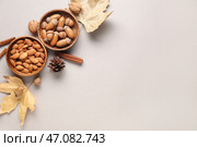 Композиция с желудями, орехами, палочками корицы и опавшими листьями на сером фоне. Стоковое фото, фотограф Pixel_shot / Фотобанк Лори