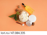 Композиция с миской ши и косметическими продуктами. Стоковое фото, фотограф Pixel_shot / Фотобанк Лори
