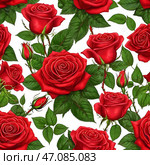 This artwork features a collection of radiant red roses interspersed with lush green leaves and budding blooms, showcasing the elegance and charm of nature's beauty Generative AI. Стоковое AI-изображение, AI-художник Юлия Петровская / Фотобанк Лори