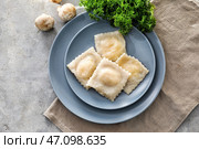 Тарелка с вкусными равиолями на столе, вид сверху. Стоковое фото, фотограф Pixel_shot / Фотобанк Лори