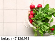 Дуршлаг со свежей редькой на фоне белой плитки. Стоковое фото, фотограф Pixel_shot / Фотобанк Лори