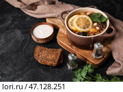 Кастрюля вкусного супа Ходжподж с хлебом и сметаной на темном фоне. Стоковое фото, фотограф Pixel_shot / Фотобанк Лори