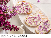 Тарелка сандвичей со вкусным сливочным сыром и сиреневыми цветами на светлом плиточном столе, крупный план. Стоковое фото, фотограф Pixel_shot / Фотобанк Лори