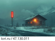 A lonely abandoned house in a snowy mountain landscape, shrouded in thick fog. The house looks shabby, its walls covered in peeling paint and traces of time. Dim orange light pours from the windows and the lantern at the entrance, creating a contrast with the cold, gloomy atmosphere. In the foreground, a winding dirt road, covered in light snow, leads. In the distance, a neon sign with bright red letters rises, adding mystery. The whole landscape evokes a feeling of remoteness, abandonment and a slight post-apocalyptic mood. Стоковое AI-изображение, AI-художник Анна Кривицкая / Фотобанк Лори