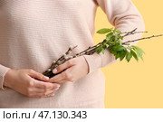 Женщина с ивовыми ветками на желтом фоне, крупный план. Стоковое фото, фотограф Pixel_shot / Фотобанк Лори
