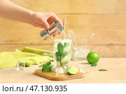 Женщина-бармен готовит вкусный коктейль мохито на столе возле деревянной стены. Стоковое фото, фотограф Pixel_shot / Фотобанк Лори