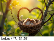 Heart-shaped bird's nest with nestlings in sunny orchard, love and care. Стоковое AI-изображение, AI-художник ketpro.design / Фотобанк Лори