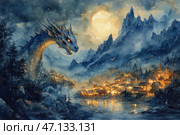A picturesque fantasy scene, done in watercolor style. A huge blue dragon with glowing eyes appears from a dark forest against the backdrop of majestic mountains. Below, at the foot of the hills, there is a cozy village with warm glowing windows reflected in the river. A large full moon shines above the scene, illuminating the night sky filled with mysterious lights. The atmosphere combines magic, mystery and a sense of an upcoming fateful meeting. Стоковое AI-изображение, AI-художник Анна Кривицкая / Фотобанк Лори