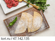 Доска с сырыми чебуреками и перцем чили, фаршем и петрушкой на белом фоне. Стоковое фото, фотограф Pixel_shot / Фотобанк Лори