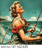 A retro pin-up woman fishing against a seascape. She has wavy blonde hair pinned up in a classic 50s style and a beaming smile. She is wearing a red and green off-the-shoulder outfit that highlights her femininity. The water droplets on her skin add movement, creating a sense of freshness and movement. She is holding a fishing rod and in the background is the ocean with waves, seagulls in the sky and a small stretch of shore with trees. The image is done in bright colors and conveys a sense of freedom, joy and summer relaxation. Стоковое AI-изображение, AI-художник Анна Кривицкая / Фотобанк Лори