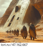 A group of travelers, dressed in protective raincoats and backpacks, walk through a desert landscape towards a giant, tilted metal object, half-buried in the sand between rocks. This structure looks like a fallen spaceship or an ancient technological structure, covered in dust and time. The atmosphere is filled with a sense of adventure, mystery and post-apocalyptic survival. Dust hangs in the air, creating an effect of realism and immersion in this mysterious world.The picture is reminiscent of scenes from science fiction such as "Dune" or "Star Wars", where a group of seekers goes in search of the unknown in a world where civilizations have disappeared, leaving only artifacts of the past. Стоковое AI-изображение, AI-художник Анна Кривицкая / Фотобанк Лори