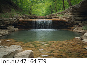A small waterfall flowing down stepped stone ledges into a calm natural reservoir. The water is clear, with light waves, and the bottom near the shore is covered with smooth stones. The banks of the reservoir are surrounded by rock formations with green mosses and bushes. In the distance, a dense forest creates shade and an atmosphere of privacy. The light is soft, natural, emphasizing the richness of natural shades of green, brown and blue. Стоковое AI-изображение, AI-художник Анна Кривицкая / Фотобанк Лори