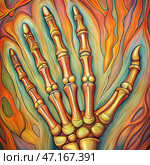 A painting of a hand with a skeleton in the background. Стоковое AI-изображение, AI-художник KATERINA AI / Фотобанк Лори