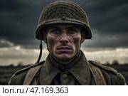 Portrait of a soldier of the 1st World War on the battlefield. Стоковое AI-изображение, AI-художник Александр Поташев / Фотобанк Лори