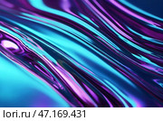 Wavy blue and purple abstract background extreme close-up. 3d renders metallic liquid background. Abstract neon texture. Rainbow 3d holographic foil. Abstract blue and purple illuminated smooth wavy. Стоковое AI-изображение, AI-художник Александр Поташев / Фотобанк Лори