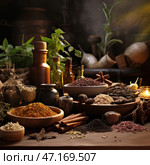 A rich still life with various spices, herbs and natural ingredients laid out in wooden and ceramic bowls. Among them you can see cinnamon, pepper, dried herbs, grains and exotic spices. Glass bottles with oils or tinctures are located around, and in the background there are green plants and antique vessels. The atmosphere is filled with warmth, subdued candlelight and a sense of ancient herbalism and cooking traditions. This image conveys the atmosphere of an ancient pharmacy, an alchemical laboratory or a traditional spice market. Стоковое AI-изображение, AI-художник Анна Кривицкая / Фотобанк Лори