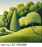 A picturesque and stylized depiction of an idyllic landscape, done in soft green tones. The painting depicts a rolling hill with rounded trees that look almost like fluffy green clouds. Their shapes are simplified and resemble decorative elements, creating a sense of harmony and coziness. In the distance, a small figure of a man in red clothes is seen sitting under a tree with a white dog, adding warmth and humanity to the scene. The overall style of the painting is reminiscent of naive or surrealist art with an idealized nature. Стоковое AI-изображение, AI-художник Анна Кривицкая / Фотобанк Лори