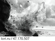 A grand scene of destruction, where huge crystals resembling ice or quartz burst out of a massive rock. The black and white color scheme enhances the drama of the scene, creating the effect of an apocalyptic or fantastical moment. The fragments, as if frozen in time, fly in different directions, reminiscent of a powerful explosion or a rift in another reality. The background is covered with heavy clouds, emphasizing the scale and severity of the scene. This image combines elements of science fiction, surrealism and natural power. Стоковое AI-изображение, AI-художник Анна Кривицкая / Фотобанк Лори