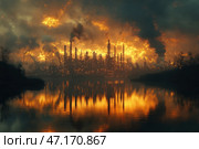 An industrial plant with tall smoking chimneys reflected in the water. The sky above the plant is ablaze with fiery orange hues, creating the effect of a disaster or a powerful sunset. Thick clouds of black smoke rise up, mixing with fiery clouds. The atmosphere is alarming, as if on the brink of a disaster, and the dark silhouettes of trees on the sides emphasize the contrast between nature and industrialization. Стоковое AI-изображение, AI-художник Анна Кривицкая / Фотобанк Лори