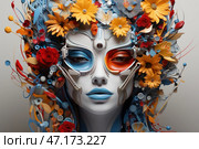 Portrait of a woman in a futuristic and cyber-organic style. The face resembles a mask or a cybernetic creature, combining elements of high technology and natural motifs. The eyes are highlighted by asymmetrical lenses - one red, the other blue, which creates a duality effect. The skin is light, almost porcelain, the lips are painted sky-blue. Around the head is a complex composition of mechanical elements, wires and floral decorations, in particular yellow daisies, red roses and many small details, creating a balance between nature and technology. Стоковое AI-изображение, AI-художник Анна Кривицкая / Фотобанк Лори