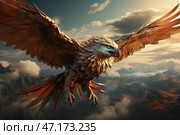 A majestic fantasy image of a huge eagle soaring in the sky above the mountains. Its wings are spread wide, demonstrating power and grace. The bird has unusual characteristics - its feathers look like they are made of metal or bronze plates, and there are elements of armor and chains on its body, which gives it a cybernetic or magical look.The background of the image is a stunning mountain landscape covered with clouds and illuminated by the soft light of sunset or sunrise. The contrast between nature and the mechanical parts of the eagle creates a sense of epicness, mysticism and power. This could be a creature from legends, a magical guardian or a mechanical vulture created in the world of steampunk or fantasy. Стоковое AI-изображение, AI-художник Анна Кривицкая / Фотобанк Лори
