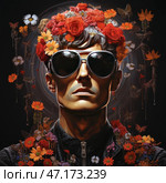 A portrait of a man wearing dark aviator sunglasses and a black leather jacket with a zipper. His face is illuminated by a contrasting light, highlighting his sharp features and giving the image a cold determination. However, his image is in sharp contrast with the bright wreath of red roses and orange flowers on his head, as well as the flowers, butterflies and abstract elements surrounding him.The background is dark, with swirls and smooth transitions, creating a sense of depth. Among the decorative elements, drops of liquid, syringes and insects are noticeable, hinting at a hidden subtext - perhaps a combination of strength, romanticism and destruction.The image carries a combination of brutality and aesthetics, perhaps symbolizing the conflict between the inner world and the outer appearance, between harshness and sophistication. Стоковое AI-изображение, AI-художник Анна Кривицкая / Фотобанк Лори