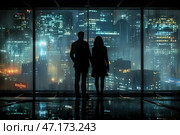 A couple standing in front of a huge glass window in a high-rise building. Their silhouettes are darkened, but it is clear that they are holding hands, creating an atmosphere of intimacy and mystery. Outside the window, a futuristic night city stretches out with many shining lights reflected in the glass and on the wet floor. Raindrops flow down the windows, adding a cinematic effect to the scene.The overall style of the image is reminiscent of cyberpunk or neo-noir with romantic elements. The bluish and orange tones of the light create a contrast between the cold technological world and the warm intimate atmosphere between people. The scene can symbolize a moment of choice, hope for the future, or just a moment of solitary contemplation. Стоковое AI-изображение, AI-художник Анна Кривицкая / Фотобанк Лори