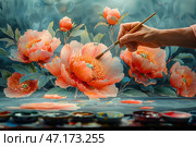 The process of creating a watercolor painting with large, delicate peony flowers. You can see the artist's hand holding a brush, which adds the final touches to the flower petals. The work is done in soft but rich tones - peachy-pink peonies harmoniously combine with a deep green background and smooth brushstrokes of white, creating a feeling of lightness and volume.At the bottom of the composition are palettes with paints, slightly blurred, which emphasizes the focus on the painting process itself. The painting looks alive, as if the flowers are about to go beyond the canvas, and the watercolor streaks give it a special airiness.This image conveys an atmosphere of creativity, inspiration and the subtlety of artistic skill. Стоковое AI-изображение, AI-художник Анна Кривицкая / Фотобанк Лори